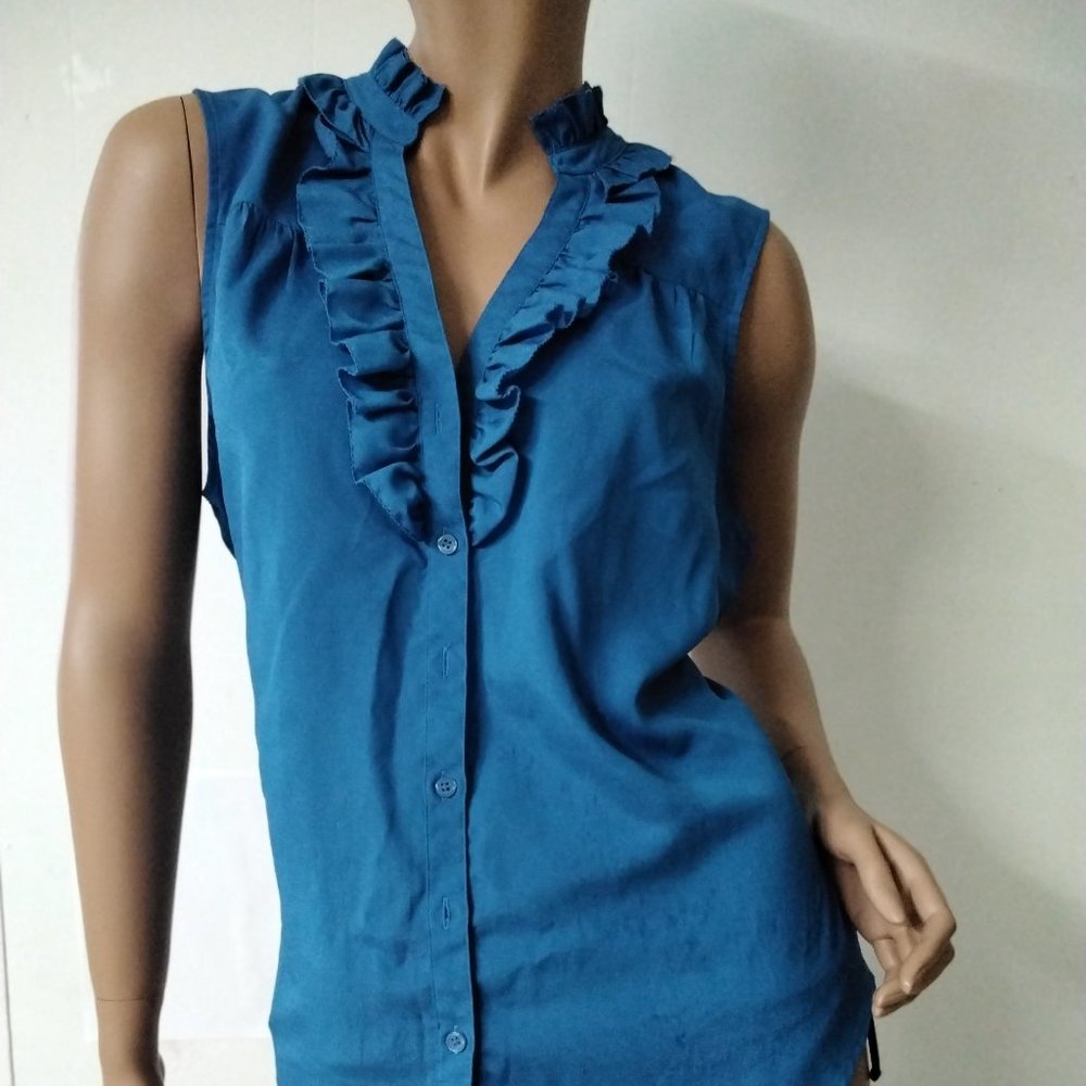 New York Co Ruffle Sleeveless Blouse Royal Blue Size XL Lightweight *004